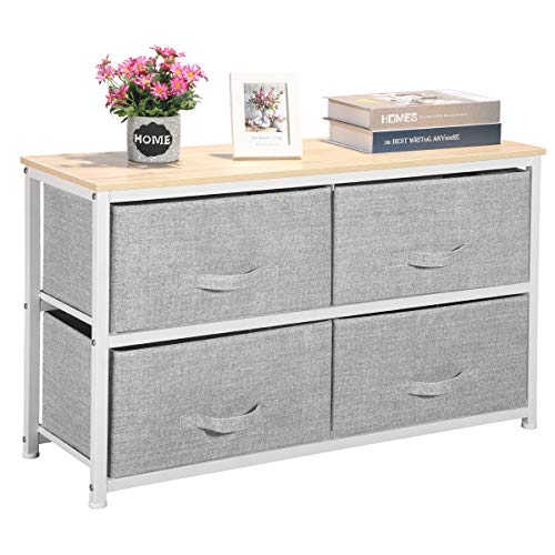 Aingoo Wide Dresser Storage Tower with 4 Fabric Drawers Closet Organizer Unit with Sturdy Steel Frame and Wood Top for Bedroom Hallway Entryway Closets, Easy Pull Handle Grey