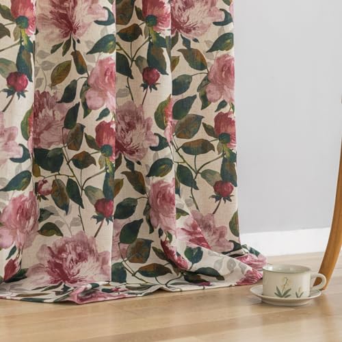 Image of ALIGOGO Pink and Green Linen Floral Curtains for Bedroom, 50 inch W x 72 inch L