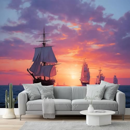 Fotomurales Velero, atardecer, paisaje marino, pintura al óleo Papel Tapiz Moderno 400 x 280 cm Papel pintado tejido no tejido coración Pared corativos Sala Living Oficina Dormitorio Púrpura Naranja