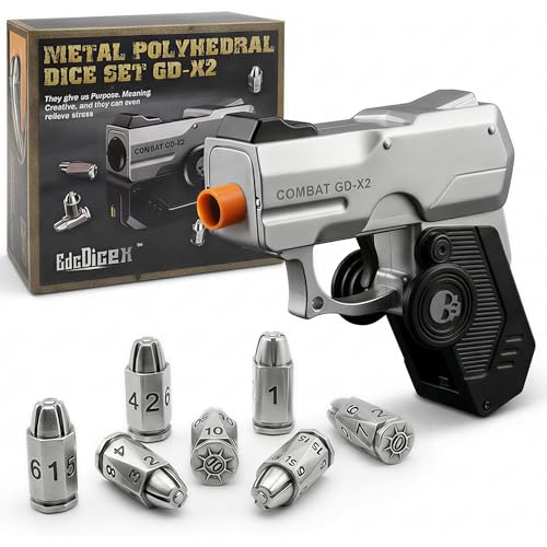7 Piece Metal Polyhedral Bullet Dice Set with Shooting & Fidget Modes, Pistol Shaped Case & Bullet Dice for Cyberpunk Style Tabletop RPG Dice, Fidget Toy for Stress Relief (Silver)