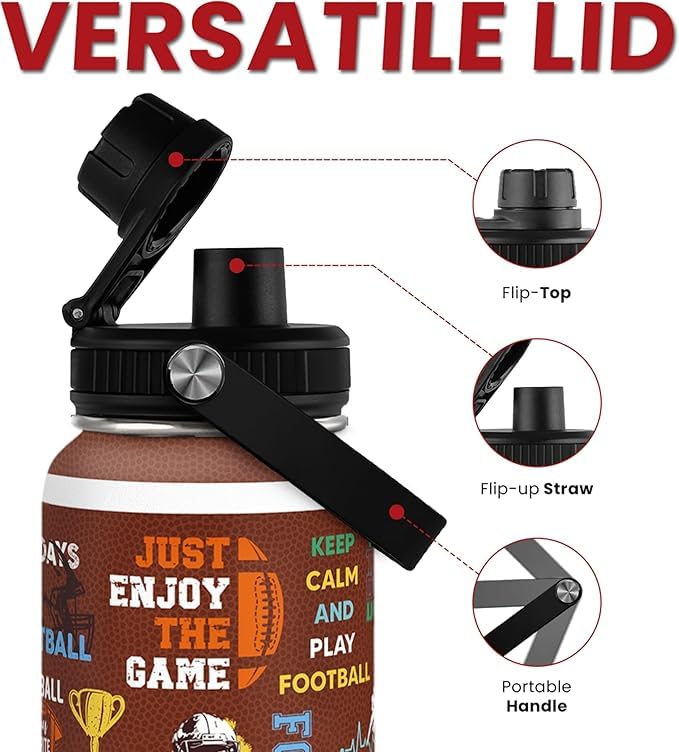 Image of SANDJEST American Football Insulated Stainless Steel Water Bottle 32oz, Vacuum Chug Lid Travel Tumbler for Men Friends Dad Football Lovers Fans Coaches, Birthday Christmas Father's Day