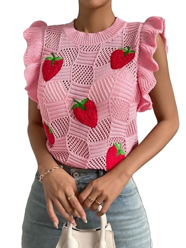 Milumia Women's Strawberry Sweater Vests Ruffle Trim Sweater Tank Top Crew Neck Knit Vest