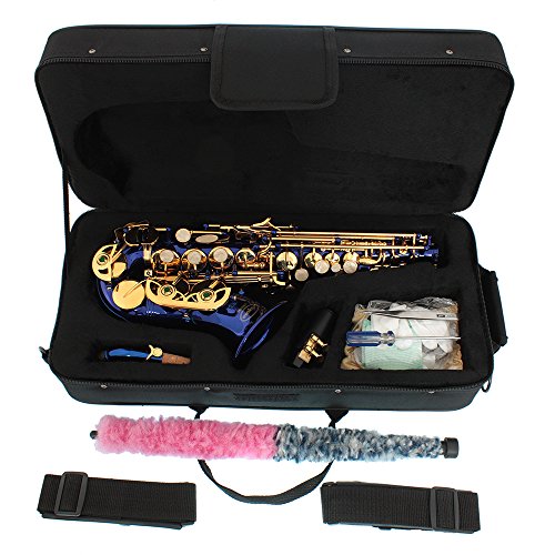 Lazarro Royal Blue-Gold Keys Bb B-Flat Curved Soprano Saxophone Sax Lazarro+11 Reeds,Care Kit~24 Colors Available-320-Bu #TOP6