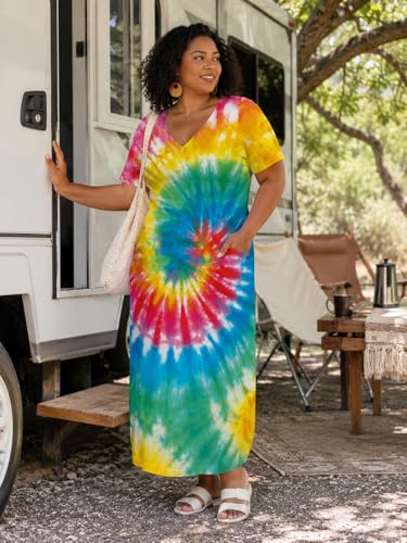 Image of SUZONANA Women Casual T-Shirt Dress V Neck Short Sleeve Solid Color Oversize Dress with Front Two Pockets