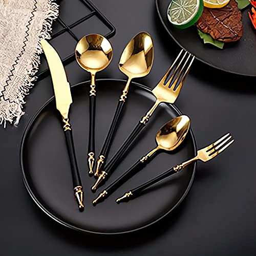 High-Grade 304 Stainless Steel Silverware - 6-Piece Set, Restaurant Hotel Steak Knife, Fork and Spoon Set (Black+Gold)