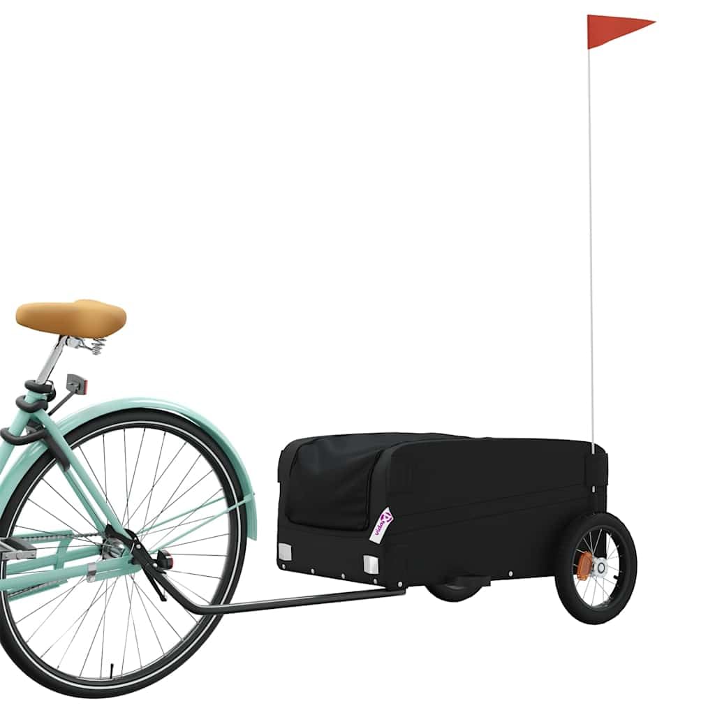 Przyczepa rowerowa czarna i czerwona z żelaza o nośności, opony, dyszel i flaga bezpieczeństwa do transportu, bagażu i na kemping