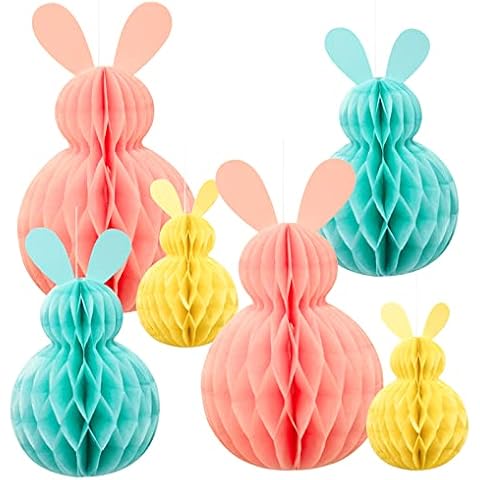Eambrite 6PCS Easter Hanging Decorations Spring Honeycomb Paper Ball Easter Bunny Decorations, Easter Tree Decorations Hanging Paper Ornaments for Home Party (Pink, Blue, Yellow) Cover