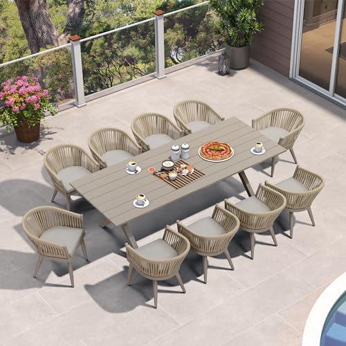 Image of PURPLE LEAF 11 Pieces Outdoor Dining Set with Patio Aluminium Dining Table and Wicker Rattan Chairs Modern Furniture Cushions Sets for Backyard Indoor Decor Kitchen Champagne
