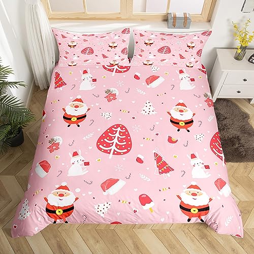 Loussiesd Parure de lit 3 pièces pour lit double avec couette piquée incluse, motif Père Noël, lapin mignon, rose pour enfants, garçons et filles