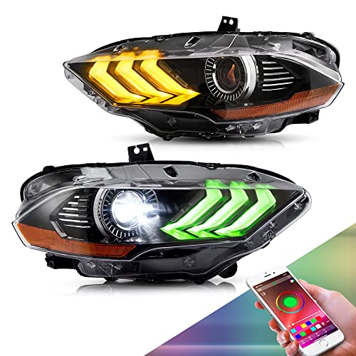 VLAND RGBW Led Headlights Compatible with Mustang 2018 2019 2020 Projector Front Lamp Assembly w/Sequential Turn Signal w/Multicolor DRL, Driver+Passenger Sides