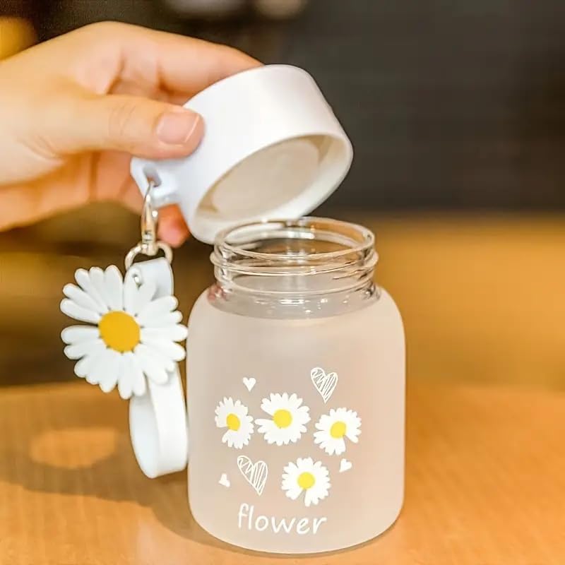 Image of Cute Flower Glass Water Bottle with Lid & Daisy Keychain | Frosted Aesthetic Reusable Milk Juice Coffee Tumbler | Leak Proof Eco-Friendly Travel Cup for Girls & Women - 300ml (2 Pcs)