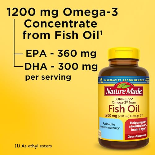 Image of Nature Made Burp Less Fish Oil Omega 3, 1200 mg Softgels, 120 Softgels | EPA DHA Omega 3 Supplement as Ethyl Esters, Fish Oil Softgels for Healthy Heart, Brain and Eye Support, One Per Day