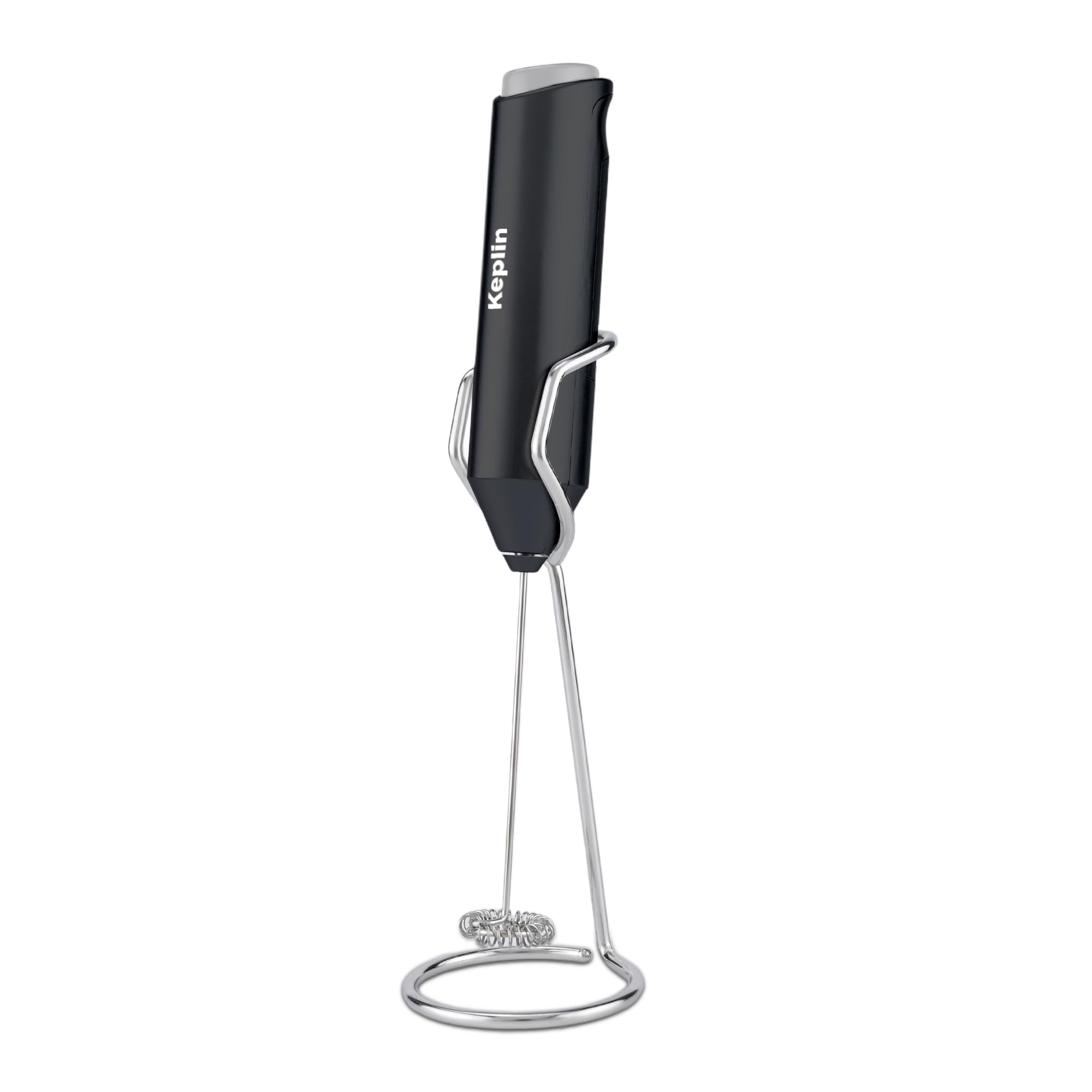 Keplin Handheld Milk Frother with Stand - Stainless Steel Electric Whisk - Portable Battery-Operated Coffee Frother for Lattes, Matcha, Protein Shakes - Ergonomic, Compact, Easy to Clean