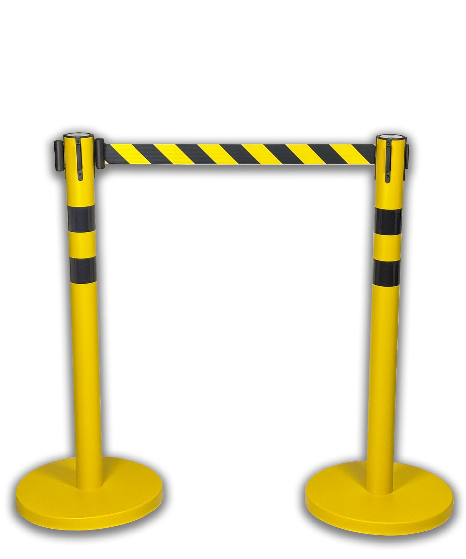 UvV BounceLine Personenleitsystem, Absperrpfosten, Edelstahl gelb beschichtet, 2 Pfosten 90 cm Hoch je 3 m Gewebeband (Stahl 8 kg (Heavy), gelb schwarz/gelb)
