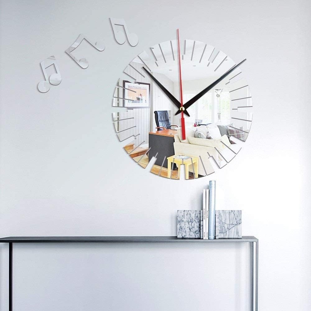 Wall Clock Musical Note Mirror Wall Clock Mute DIY Modern Living Room Bedroom Home Decoration Round Indoor (Color : Black) (Color : Yellow)