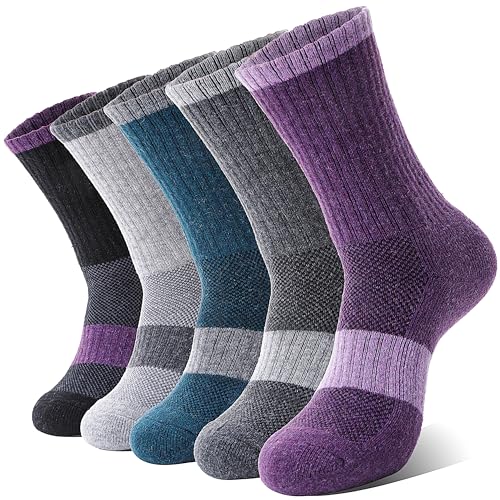 MOSEY KOSY Chaussettes en laine mérinos pour femmes Chaussettes de randonnée thermiques et respirantes pour le sport trekking et hiver 5 paires(Gris/Lilas/Vert,36-42)