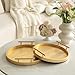 MACVAD 2 Piece Golden Round Serving Tray with Handles, Woven-Texture Faux Leather Ottoman Tray for Living Room, Decorative Tray for Coffee Table Home Decor