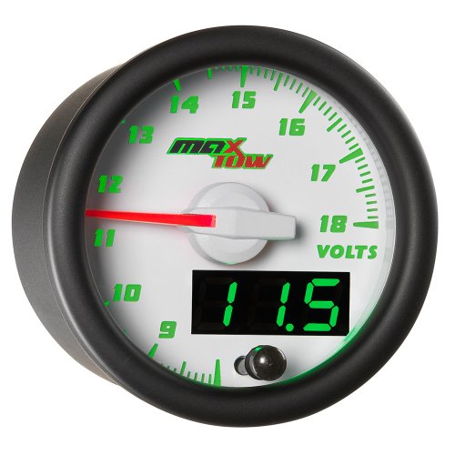 MaxTow Double Vision Volt Voltmeter Gauge - Voltage Range 8-18 Volts - White Gauge Face - Green LED Illuminated Dial - Analog & Digital Readouts - for Trucks - 2-1/16