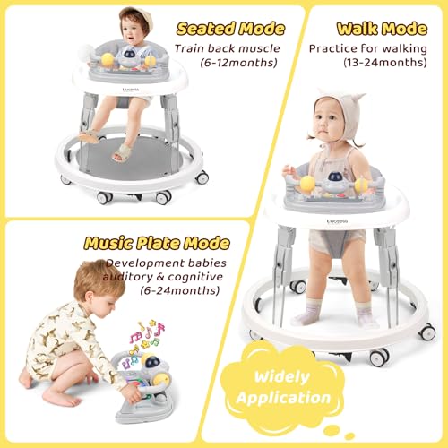 baby walker with wheelsmusic and lights baby walker for boys girls 6-12 monthsfoldable baby walkers and activity centertoddler infant walker with 7-speed height adjustmentdetachable plategray