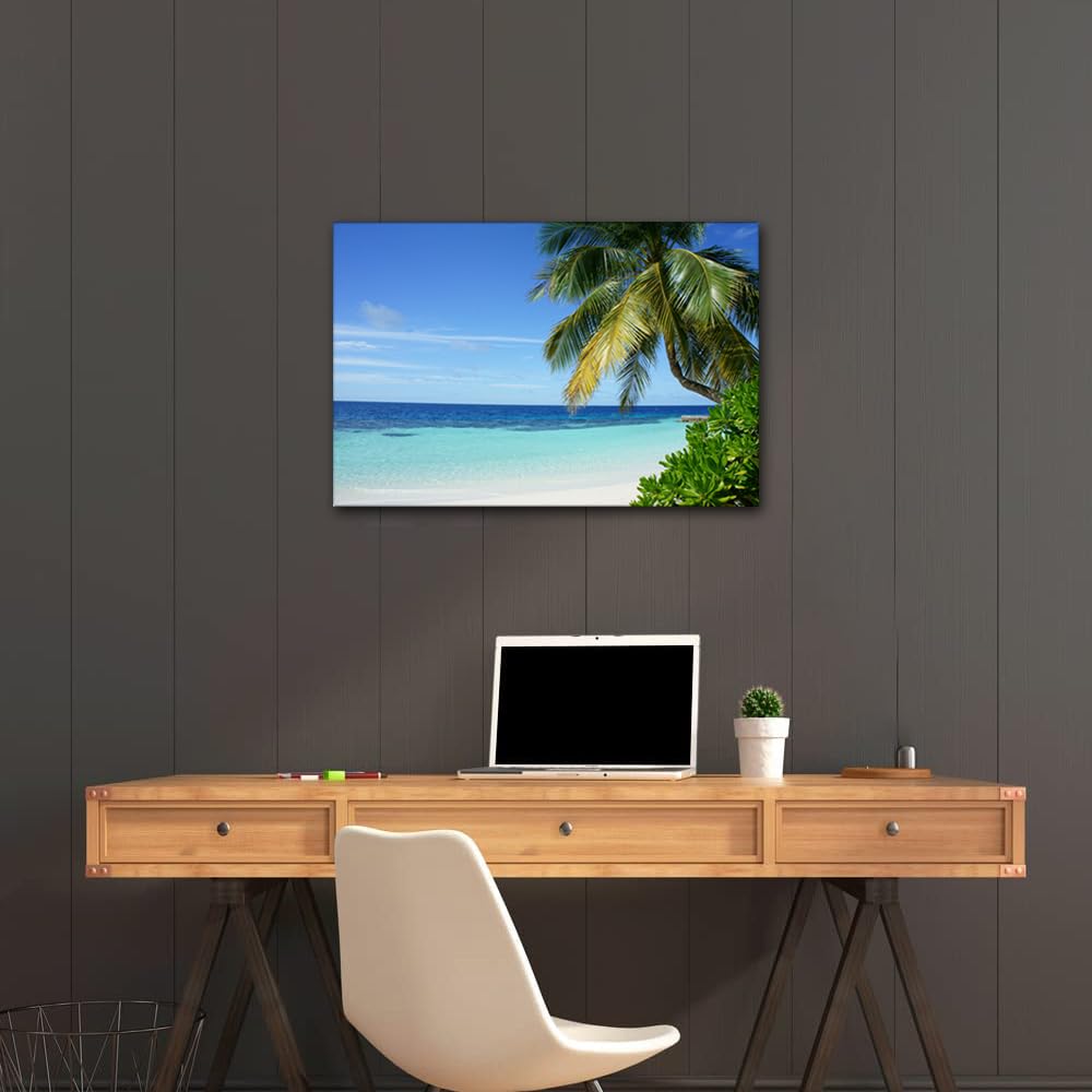 Canvas Wall Art Landscape Wall Art Teal Blue Beach Shore Tropical Island Poster Prints on Canvas Wall Home Decoration for Living Room Office Bathroom Framed Ready to Hang (24" W x 16" H) - Image 4