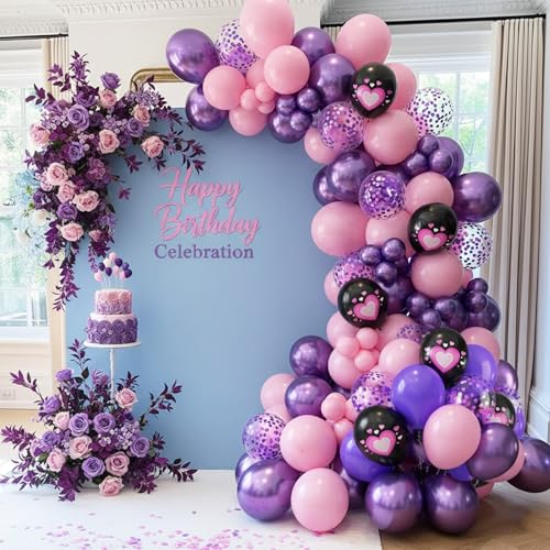 Image of Pink Purple Black Balloons, 50PCS 12 Inch Black Macaron Metallic Purple Pink Birthday Heart Printed Balloons for Princess Theme Birthday Decorations Baby Shower Party
