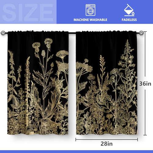 Aimego Flower Leaves Kitchen Curtains - Golden Floral Spring Rustic Plant Botanical Cafe Farmhouse Small Short Curtains For Bathroom Rv Rod Pocket Window Drapes 36 Inch Length 2 Panels Set thumb #2