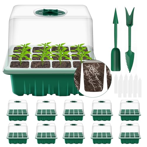 TSKDKIT Seed Trays 10 Pack 120 Cells Propagators with Lids for Plants, Windowsill Propagator Reusable Seedlings Trays Seed Starter Kit with 10pcs Labels and 2pcs Tools (Green) TSKDKIT Seed Trays 10 Pack 120 Cells Propagators with Lids for Plants, Windowsill Propagator Reusable Seedlings Trays Seed Starter Kit with 10pcs Labels and 2pcs Tools (Green)