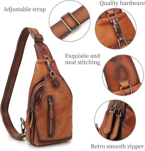 Image of Genuine Leather Sling Bag for Men and Women Chest Pack Purse Crossbody Shoulder Bag Sling Backpack (Brown)