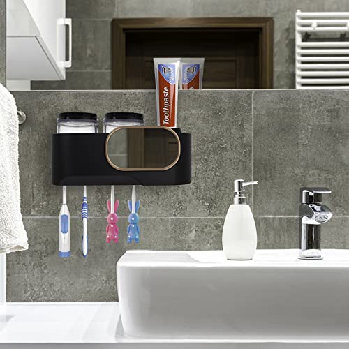 SHUKAN Toothbrush Holder Wall Mounted and Toothpaste Organizer, Electric Toothbrush Holder with Mirror, 4 Toothbrush Slots and 2 Large Cups, Toothbrush Holder for Kids Baby Bathroom Organizer(Black)