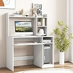 Tangkula White Desk with Hutch &Charging Station, Home Office Desk with Keyboard Tray & CPU Stand, Modern Laptop PC Desk, Space-Saving Writing Study Desk with Bookshelf, Ideal for Dorm Bedroom