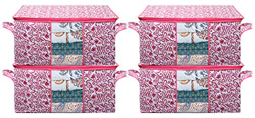 Image of Kuber Industries Leaf Design Non Woven 4 Pieces Underbed Storage Bag, Storage Organiser, Blanket Cover (Pink)-CTKTC025729