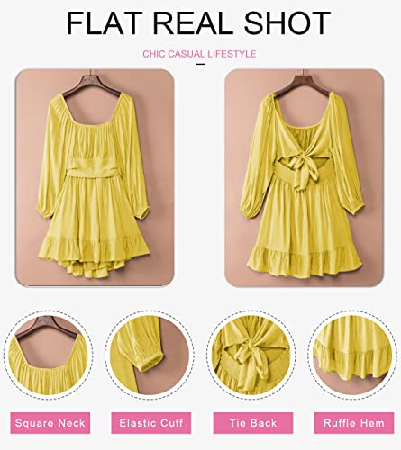 Image of Dokotoo Womens Dress Lantern Sleeve Elastic Waist Tie Backless Mini Dress | Square Neck,Off Shoulder,Flowy,Ruffle A-Line,Casual,Mini Dress,Beach Vacation Clothes,Fall Outifits,Wedding Guest,Boho