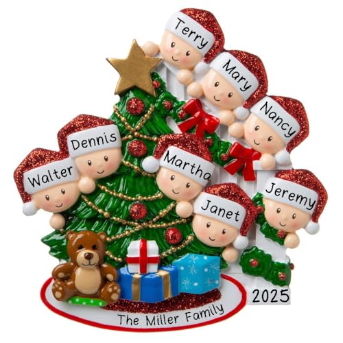 Personalized Happy Family Bannister Peeking Family Christmas Tree Ornament Present Gift Christmas Morning-Free Personalized (Family of 8)