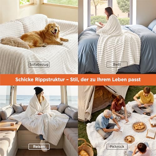 BEDSURE Kuscheldecke Flauschig - Wolldecke & Fleecedecke, Sofadecke, Weiche Warme Grobe Korddecke für Zimmer Deko, Wohn- & Kuscheldecken, Tagesdecke, Große Decke, Wollweiß, 230 x 270 cm