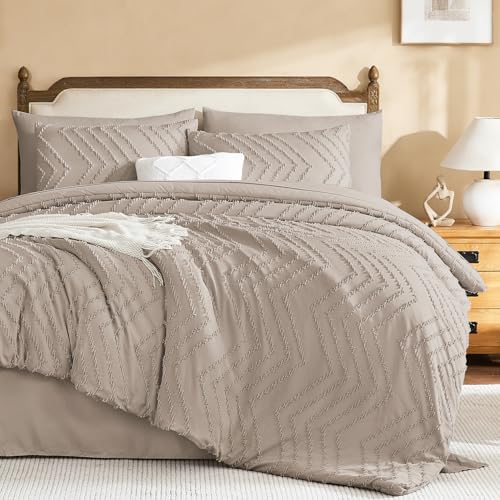 Image of Litanika Light Coffee Queen Size Comforter Set with Sheets - 7 Pieces Bed in a Bag Queen Boho Tufted Complete Bedding Sets with Comforter, Sheets, Pillowcases & Shams