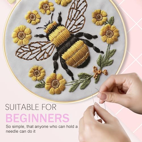 Image of Huacan Embroidery Kit for Beginners Adults Includes Stamped Bee Pattern, Hoop, Color Threads,Tools,Easy to Follow Instruction