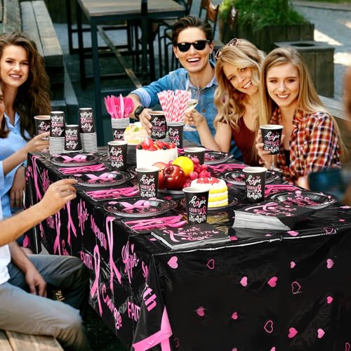 Image of Funnymoom 452 Pcs Breast Cancer Awareness Decoration Black Pink Cure Faith Love Paper Plates Napkins Cups Tablecloth Cutlery Straws for Breast Cancer Awareness Month Women Charity Activities Supplies