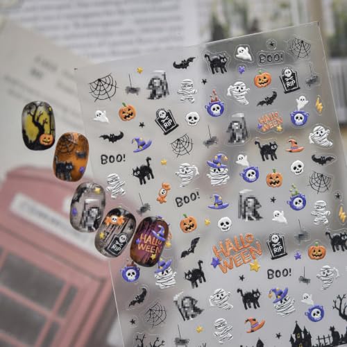 Image of Halloween Nail Stickers mini Mummy Skeleton Pumpkin Ghost Nail Art Decals | Cute Cartoon Nail Decals Spooky Black Cat Self-Adhesive Stickers, for Women Holiday Nail Art Design 1 Sheets Manicure Decor
