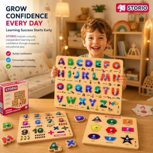 Image of Storio Wooden ABCD Learning Board for Kids, Alphabet Number Shape Puzzle Board, Montessori Educational Toy, Wooden Activity Puzzle for Toddlers Boys Girls Age 2 3 4 5 Years
