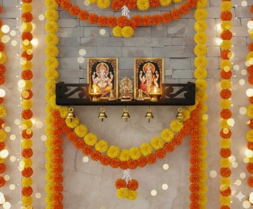 Image of Wooden Wall Shelf with Bells, Traditional Indian Style, Rectangular, Painted Finish | Mandir wall Shelf for Home and Office (Black)