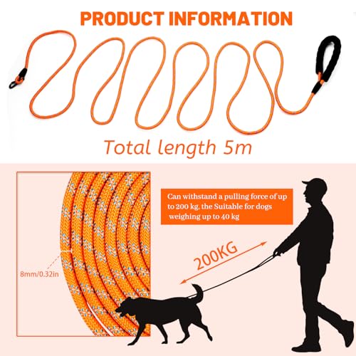 Hundeleine Biothane Schleppleine 5m Leine Hund für Kleine Mittlere Große Hunde Leicht Katzenleine Laufleine Hausleine für Hunde Führleine Hund mit Gepolsterten Griff und Karabiner Lange Dog Leash
