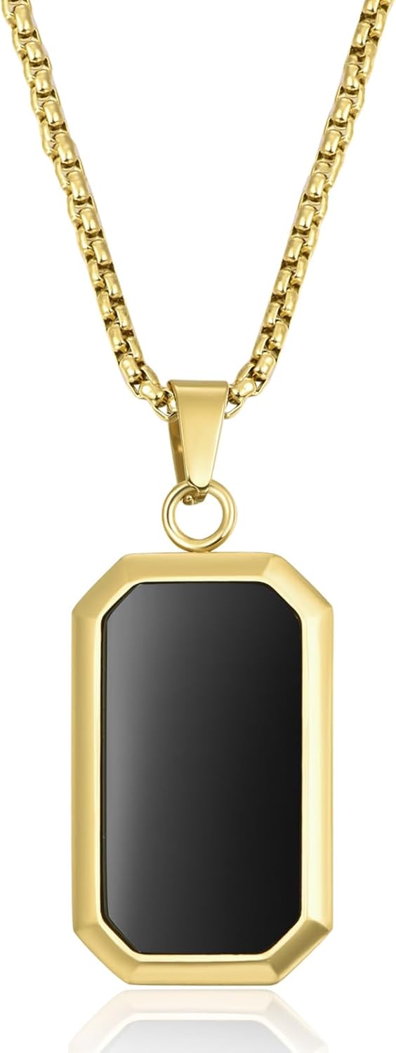 Phyonio 14K Gold Plated Necklace Black Onyx/Opal/Turquoise/Malachite/Lapis Lazuli/Tigers Eye Necklace for Men Women Stainless Steel Square/Rectangle Pendant Necklaces with Box Chain