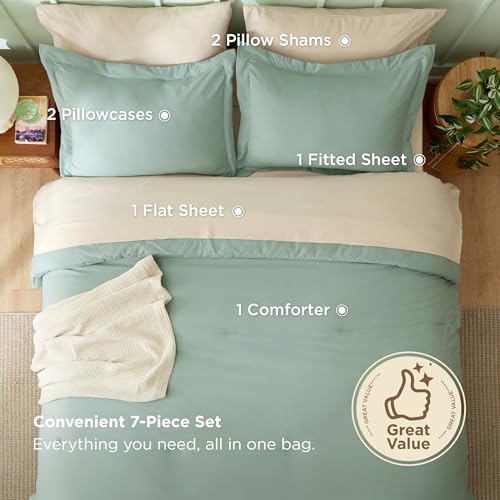 Image of Bedsure Full Size Comforter Set - 7 Pieces Sage Green Full Bedding Set for All Seasons, Boho Contrasting Design Bed in a Bag with Comforter, Sheets, Pillowcases & Shams