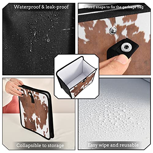 Image of Cow Print Car Trash Can White Brown Animal Skin Foldable Hanging Car Trash Bag Bin Auto Garbage Can Leak-Proof Car Organizer(Large)
