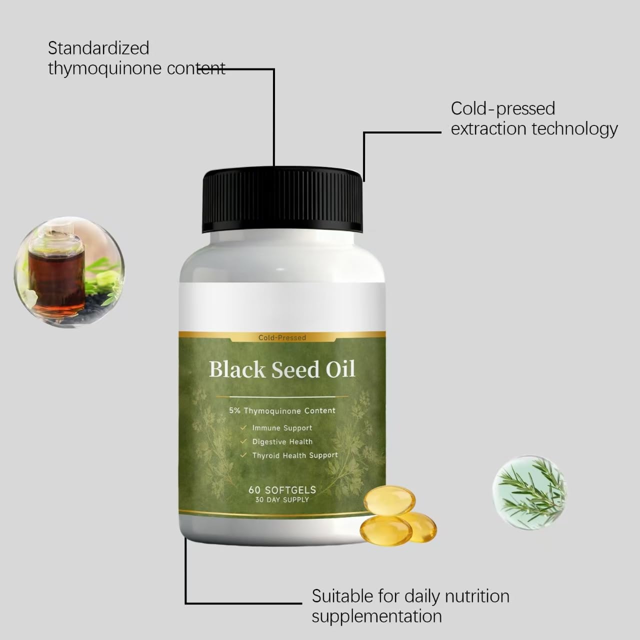 Schwarzkümmelöl – mit 5% Thymoquinon und Carvacrol, Verdauungsbalance, 60 Stück,3PCS