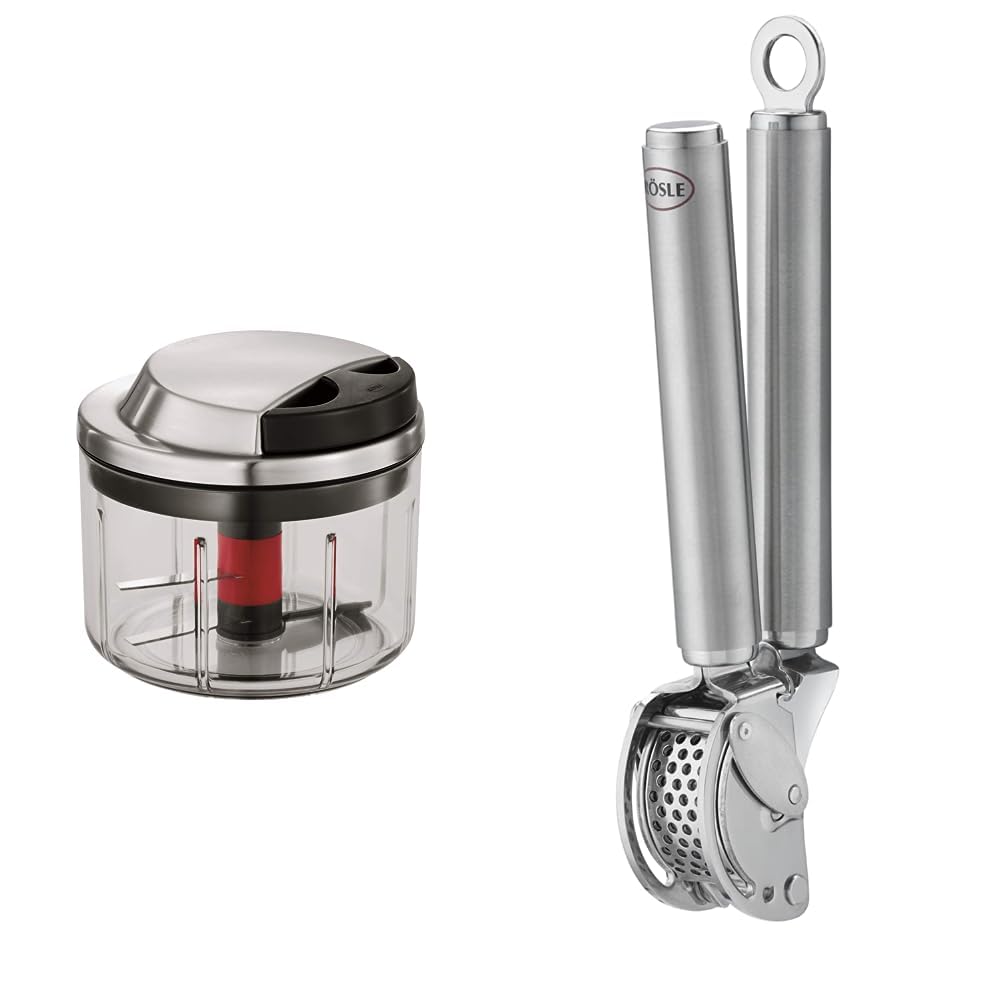 RÖSLE Hachoir multifonctionnel coupe-légume haut de gamme pour fruits et légumes, extra tranchant & Presse-ail avec Racloir - Presse de Qualité Professionnelle pour Gingembre et Ail