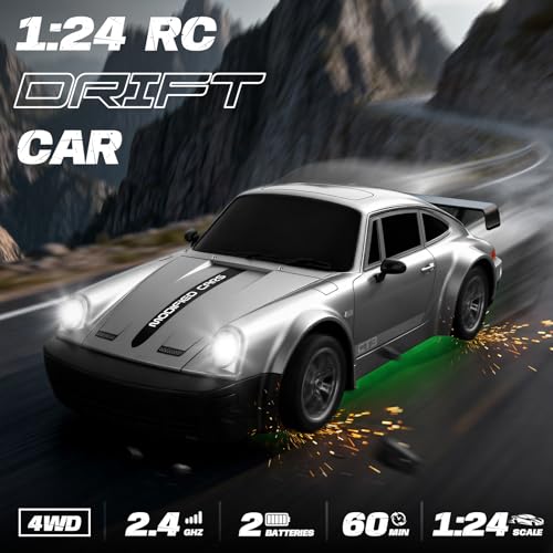 Image of RC Drift Car 1:24 Scale, 4WD Remote Control Car with LED Lights 20KM /H High Speed, Dual-Mode Racing & Drifting Toy Car with 2 Batteries, Gift for Kids & Adults, Silver