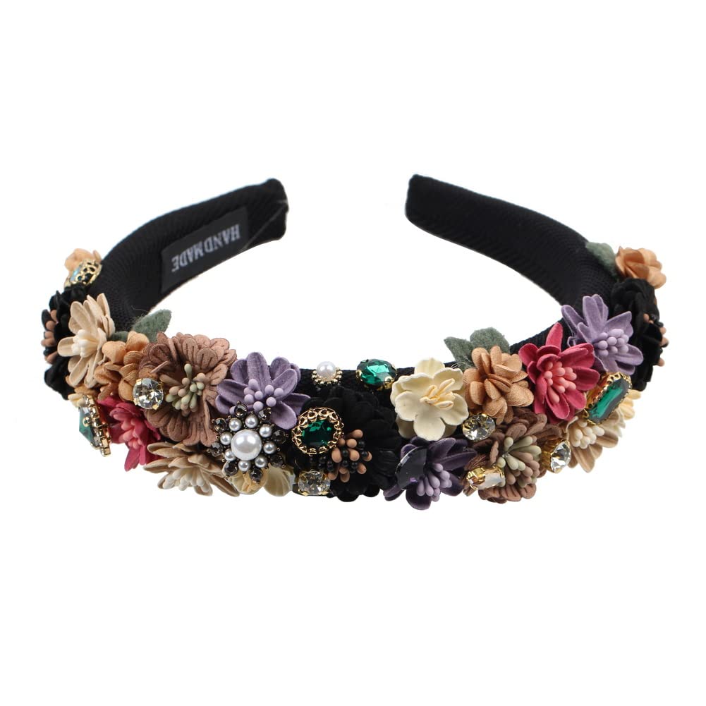 Diademas de esponja de flores de perlas de cobertura completa, cuentas gruesas de piedra de cristal, accesorios para el cabello para mujer, diadema con diamantes de imitación (color negro)