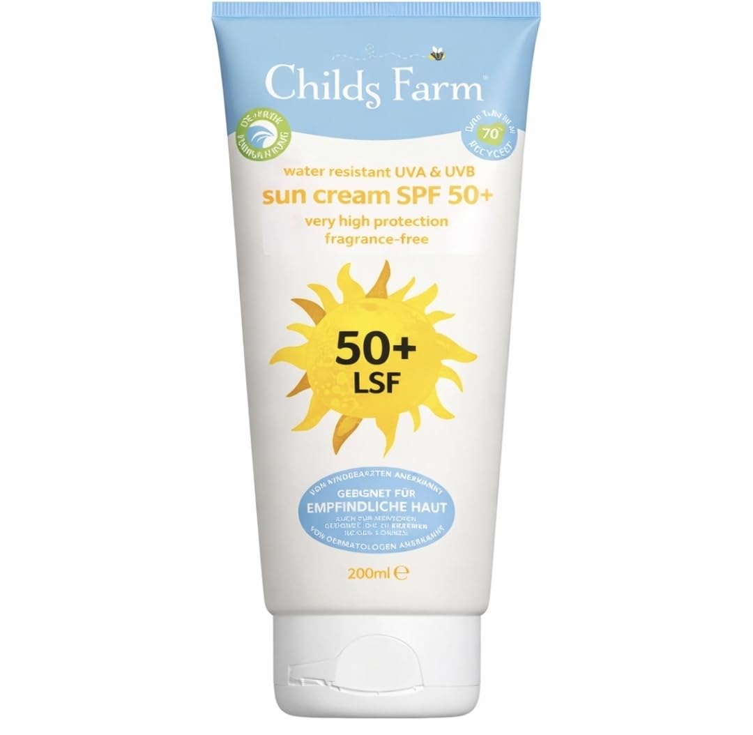 Childs Farm Sun Cream SPF 50+ – Very High UVA & UVB Protection, Fragrance Free, Water Resistant, Suitable for Sensitive Skin & Children, 200ml