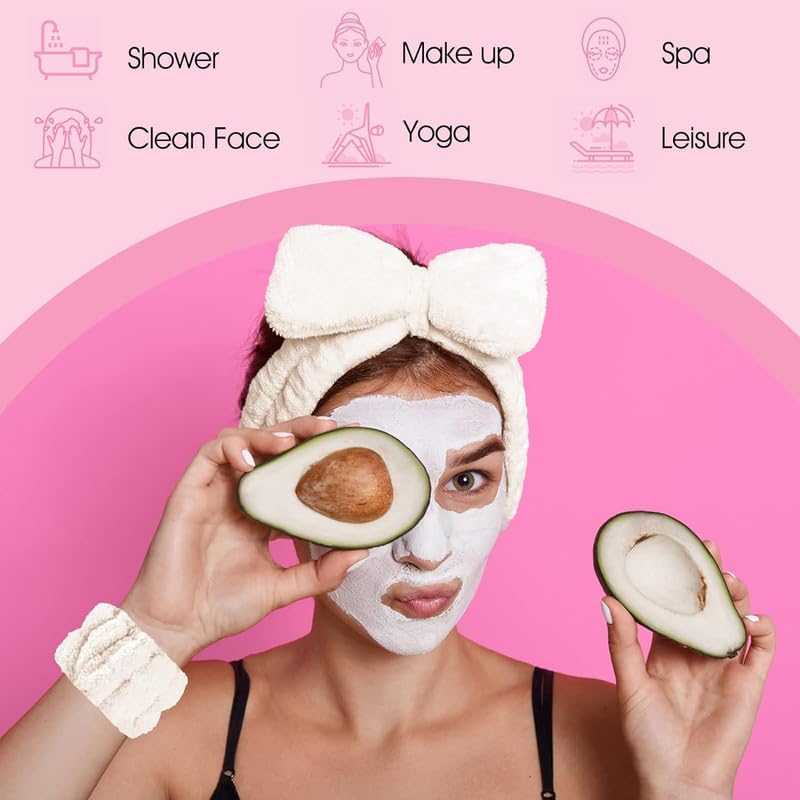 Feinerman 3 Pcs Women’s Headband & Wristband Set, Microfiber Skincare, Makeup Headband & Wrist Band Set for Face Washing, Spa, Facial Care, Soft and Elastic Bands for Face Wash & Skincare 3